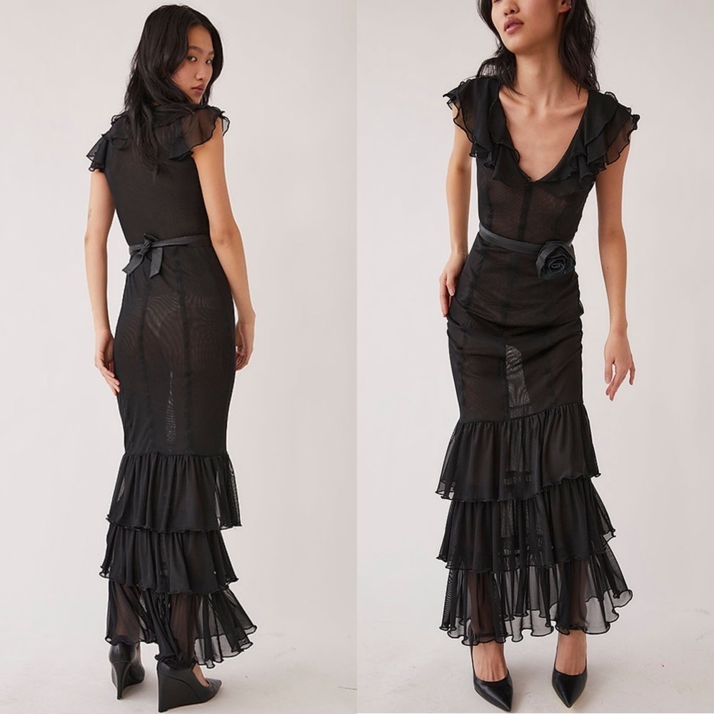 NWT TACH Handmade Sheer‎ Tulle V-Neck Short Sleeve Tiered Ruffle Hem Maxi Gown S - Picture 9 of 12